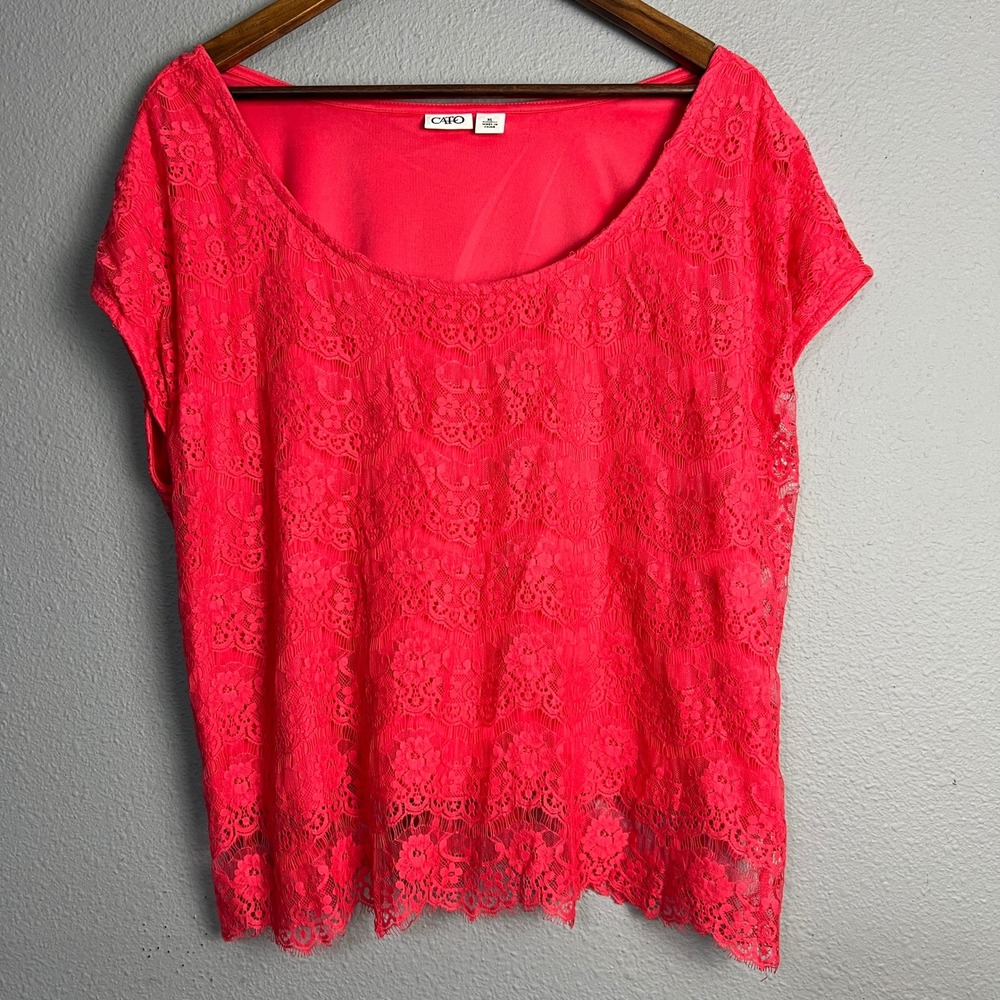 Cato‎ Lace Blouse Cap Sleeves Office Casual Top Short Sleeve Lined Hot Pink XL